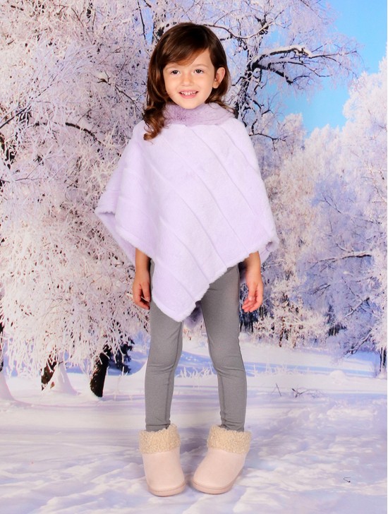 Kids Soft Faux Fur Poncho W/  Diagonal Pattern and Faux Fur Neckline (3-7 Years Old) 